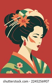 illustration of portrait japanese geisha in kimono, japan woman in traditional floral vector style wall art print decor