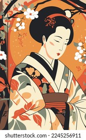 illustration of portrait japanese geisha in kimono, japan woman in traditional floral vector style wall art print decor