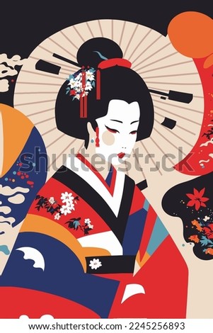 illustration of portrait japanese geisha in kimono, japan woman in traditional floral vector style wall art print decor