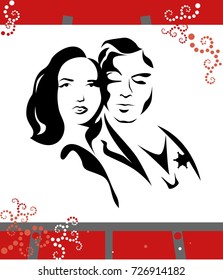 illustration with a portrait of lovers and easel.