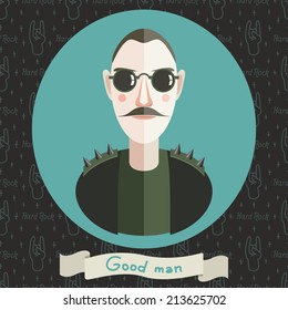 Illustration with portrait of a man with seamless pattern on background.  Good old punk style.