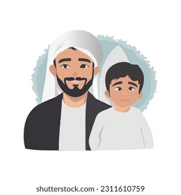 Illustration of portrait of Moslem father and his little boy. Happy father's day.