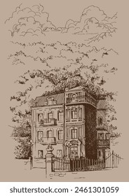 Illustration of a portrait on Poshtovaya Square (Kyiv). Built in 1909, demolished in 2010. Pen sketch converted into vector form.