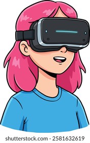 Illustration portrait of a pink haired girl using VR headset, isolated on white background