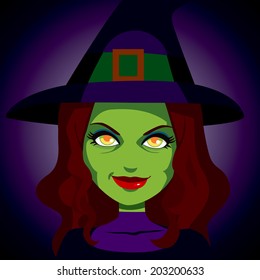 Illustration portrait of scary mysterious looking witch with face lit and magic glowing eyes on dark background