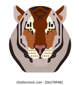 Illustration of a portrait of a tiger on a white background. Serious and self-confident appearance. The tiger is a symbol of 2022.