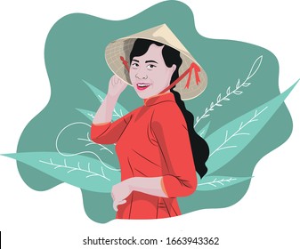 Retrato ilustrativo de una mujer vietnamita que usa traje tradicional ao dai - Vector de color plano