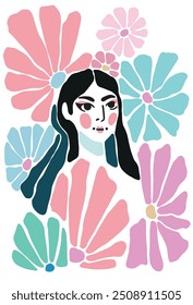 Ilustración Retrato de mujer de flores coloridas brillantes en estilo de diseño de 1960, obras de arte modernas de mediados de siglo