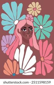 illustration portrait of woman of bright colorful flowers in 1960 design style, mid century modern artwork