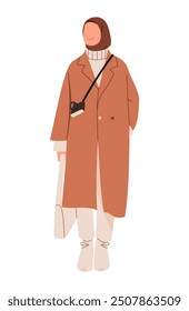 Illustration of portrait of young Muslim woman wearing hijab, brown jacket with camera. Holding bag while smiling with happy expression. For holiday and winter concept. Flat vector design