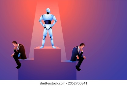 Ilustración que muestra la amenaza de IA que se avecina, encarnada por un robot que supera los roles de trabajo humanos. Descripción de la evolución de la automatización y su posible impacto en el empleo