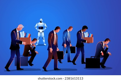 Illustration portraying the looming AI threat, embodied by a robot overtaking human job roles. Depiction of the evolving of automation and its potential impact on employment