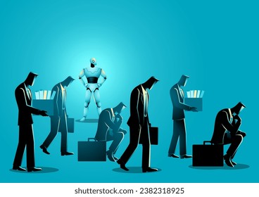 Illustration portraying the looming AI threat, embodied by a robot overtaking human job roles. Depiction of the evolving of automation and its potential impact on employment