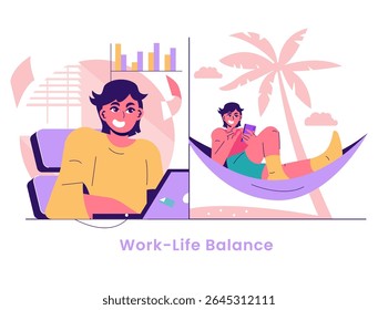 The illustration portrays the concept of work-life balance, showing a person engaging in remote work while also enjoying leisure time in a hammock. It reflects modern work dynamics and personal well