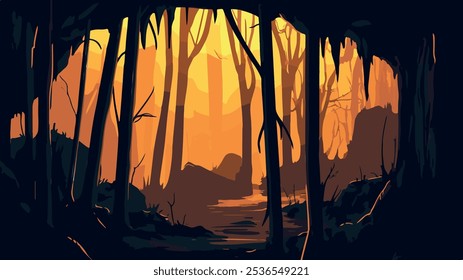 The illustration portrays the dramatic, shadowy entrance of Mammoth Cave National Park in Kentucky, bathed in the warm glow of sunset.