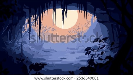 The illustration portrays the dramatic, shadowy entrance of Mammoth Cave National Park in Kentucky, bathed in the warm glow of sunset.