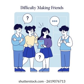 Illustration portrays a group of friends discussing the challenges of forming connections. Mixed emotions of curiosity and apprehension are reflected as they navigate social interactions. Vector