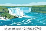 The illustration portrays the iconic Niagara Falls in a serene and vibrant vector style. The powerful cascade of water plunges over the cliff, creating a misty spray at the base