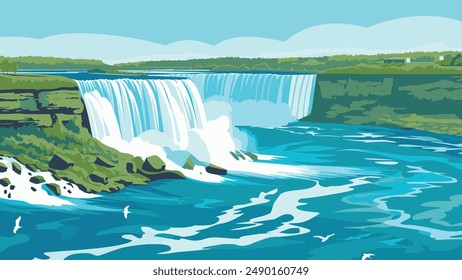 The illustration portrays the iconic Niagara Falls in a serene and vibrant vector style. The powerful cascade of water plunges over the cliff, creating a misty spray at the base