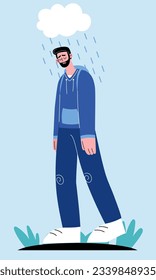The illustration portrays a sad, lonely bearded man walking in the rain. Vector illustration in flat cartoon style.