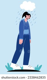 The illustration portrays a sad, lonely girl walking in the rain. Vector illustration in flat cartoon style.