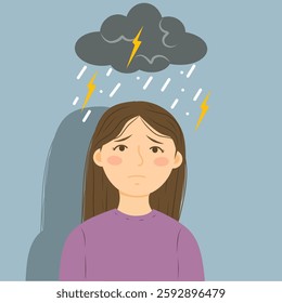 Illustration of portrays the weight of negative emotions. The dark storm cloud with lightning and rain illustrates stress, anxiety, or depression overwhelming her mind