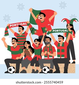 Illustration of Portugal Football Fans Cheering with Flags and Soccer Theme