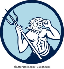 Illustration of poseidon god of the sea holding trident viewed from front set inside circle on isolated background done in retro style. 