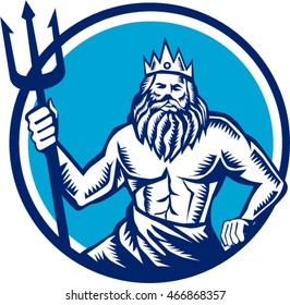 Illustration of a poseidon god of the sea holding trident viewed from front set inside circle on isolated background done in retro woodcut style. 