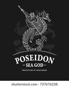 Illustration of Poseidon god of the seas riding a seahorse