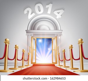 An illustration of a posh looking door with red carpet and the numbers 2014 above it. A New Year concept for success in the year 2014 or hope for a happy future.