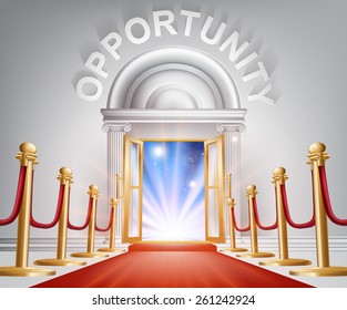 An illustration of a posh looking door with red carpet and Opportunity above it. Concept for positive change