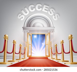 An illustration of a posh looking door with red carpet and Success above it. Concept for door to success