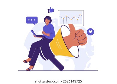 Illustration of Positive Public Relation and Media Engagement Strategy. Illustrations for websites, landing pages, mobile apps, posters and banners