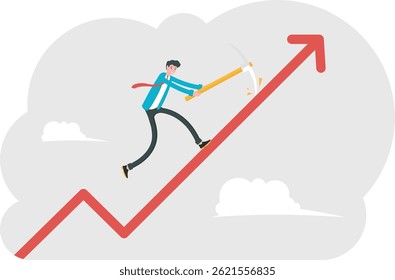 Illustration of a positive trend in business, success career. A man in suit climbs up a raised line of graph. Illustration of a career, business. Vector EPS 10

