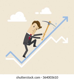 Illustration of a positive trend in business, success career. A man in suit climbs up a raised line of graph. Illustration of a career, business. Vector EPS 10