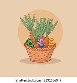 Ilustración de huevos de postas y zanahorias en una cesta marrón