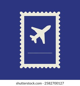 Illustration of a postage stamp with an airplane silhouette on a blue background. The stamp design features a simple airplane graphic in white. Travel element vector illustration.