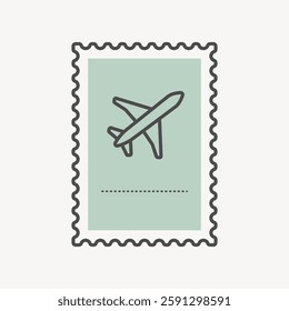 Illustration of a postage stamp featuring an airplane. The stamp has a wavy border and a minimalist airplane design. Simple and modern airplane stamp art. Vector illustration.