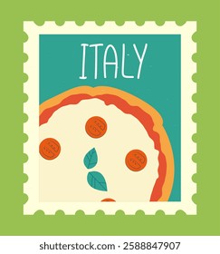 Illustration of a postage stamp featuring an Italian theme with a stylized pizza slice, tomatoes, and basil leaves on a green background. Concept of travel and cuisine. Vector illustration