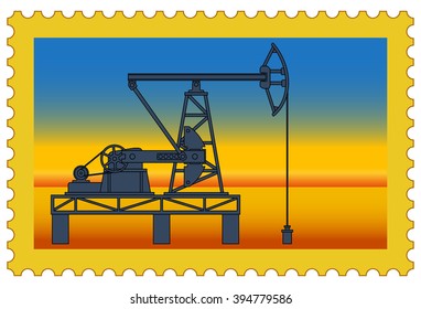 Illustration of the postage stamp with oil pumpjack derrick on desert