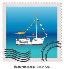 Illustration of a postage stamp with sailing ship with colorful bunting strung across the masts