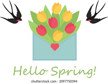 Illustration of a postal envelope with a bouquet of tulips and swallows. Envelope with flowers. Swallow in flight. Spring illustration in flat style. Vector image