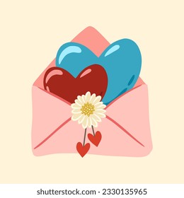 Ilustración de sobre postal con flor y corazones. Carta con flores. Diseño para tarjeta de felicitación, invitación, impresión, pegatina. Ilustración de cumpleaños, día de la madre, día de San Valentín y día de la mujer.