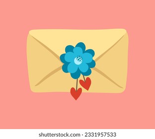 Illustration of postal envelope with flower and hearts. Letter with flowers. Design for greeting card, invitation, print, sticker. Illustration for birthday, mother's day, valentine's and woman's day.