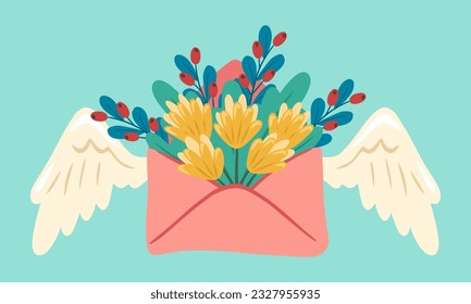 Illustration of postal envelope with flowers and angel wings. Love letter. Design for greeting card, invitation, print, sticker. Illustration for birthday, valentine's day, mother's and women's day.