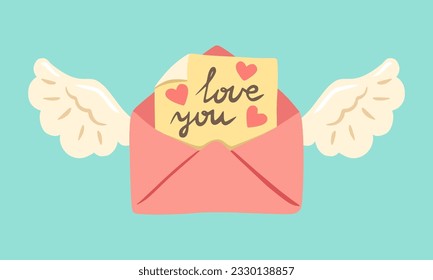 Illustration of postal envelope with hearts and angel wings. Love letter with hearts. Design for greeting card, invitation, print, sticker. Illustration for valentine's day.