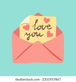 Illustration of postal envelope with hearts. Love letter with hearts. Design for greeting card, invitation, print, sticker. Illustration for valentine's day.