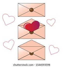 illustration postal envelope sealed with sealing wax, the envelope is open, the envelope sticking out of the heart. February 14 Valentine's day