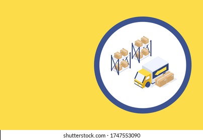 Illustration of a postal, sufficient service or commercial warehouse in a white circle with a blue ring and a yellow background. Vector isometric illustration in a template with space for text.